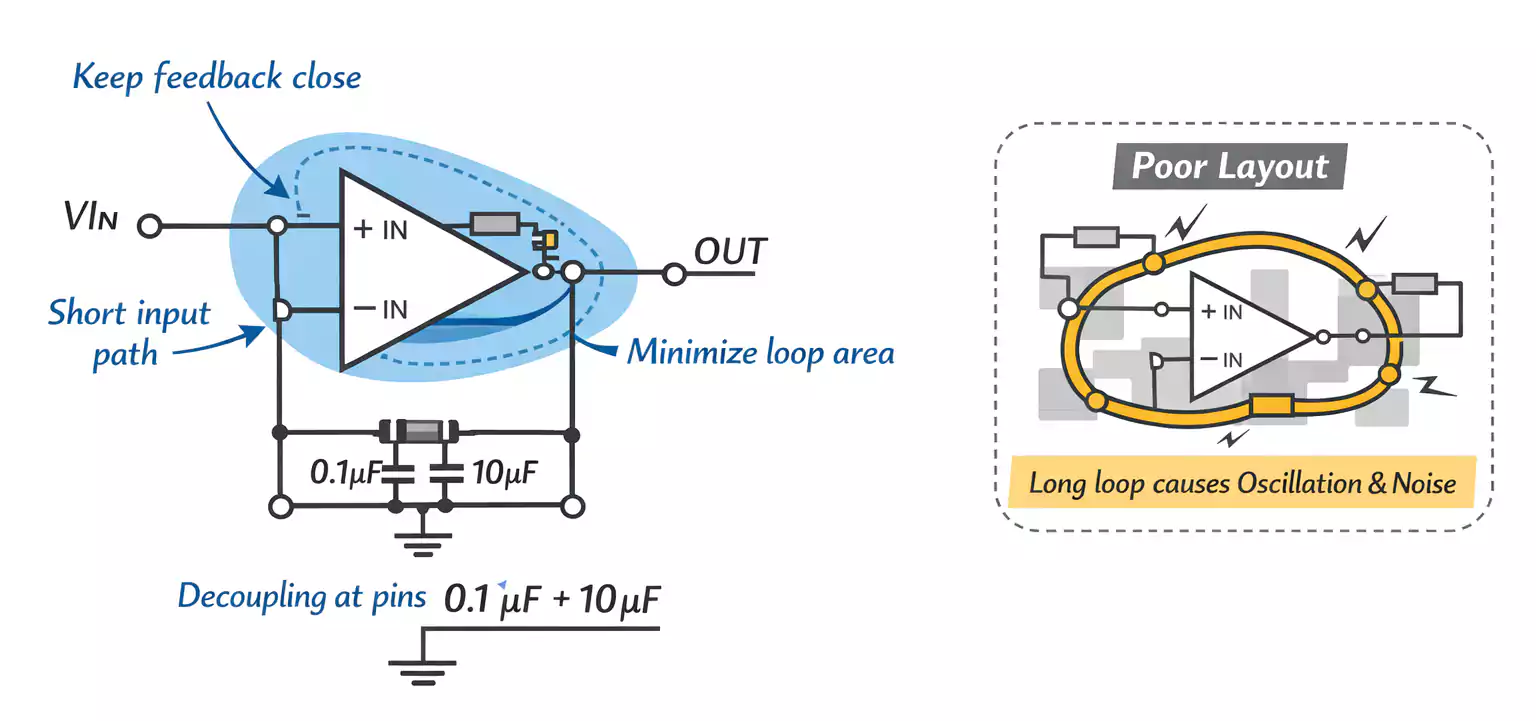 Op-amp PCB with minimal feedback loop and close decoupling