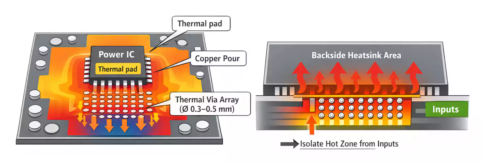 Thermal via array and copper pour for amplifier PCB heat spreading