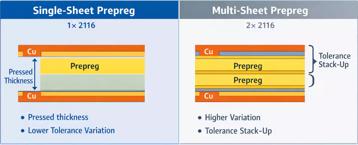 Single vs multiple prepreg stackup; pressed thickness and tolerance stack-up