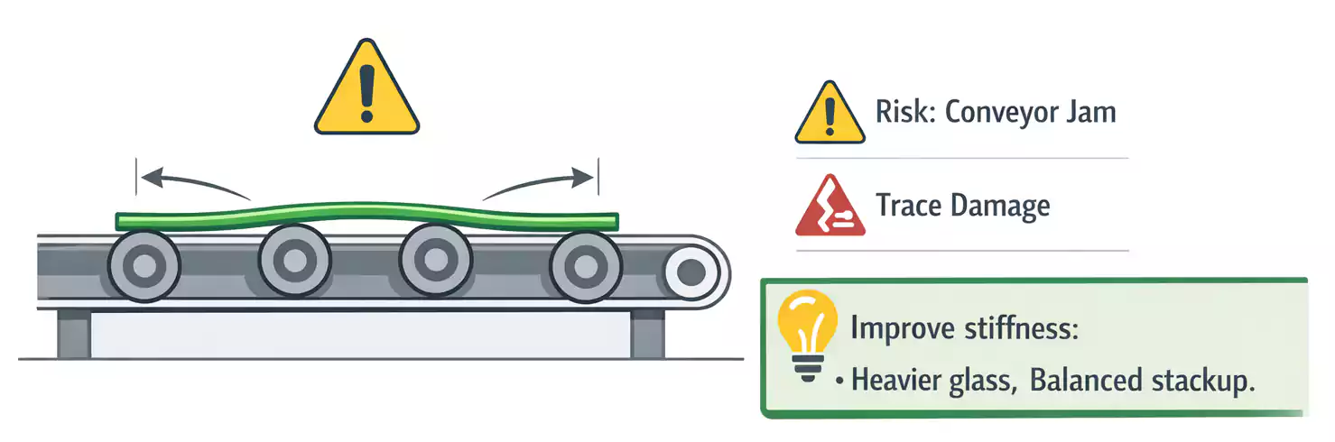Thin PCB panel bowing on a conveyor with warnings for jam and trace damage; note to use heavier glass and balanced stackup.