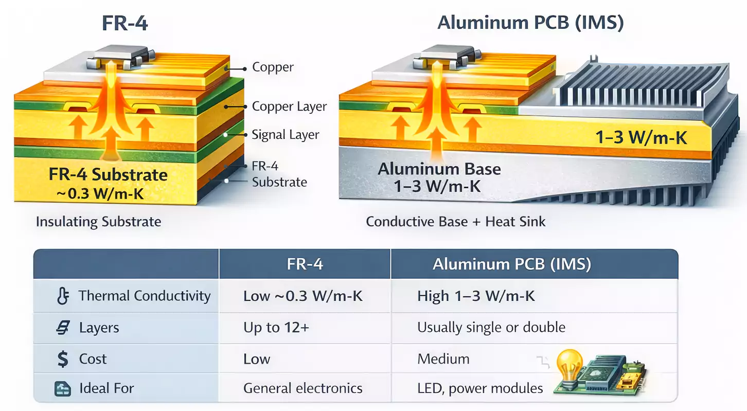 FR4 vs aluminum PCB thermal path comparison with quick spec table