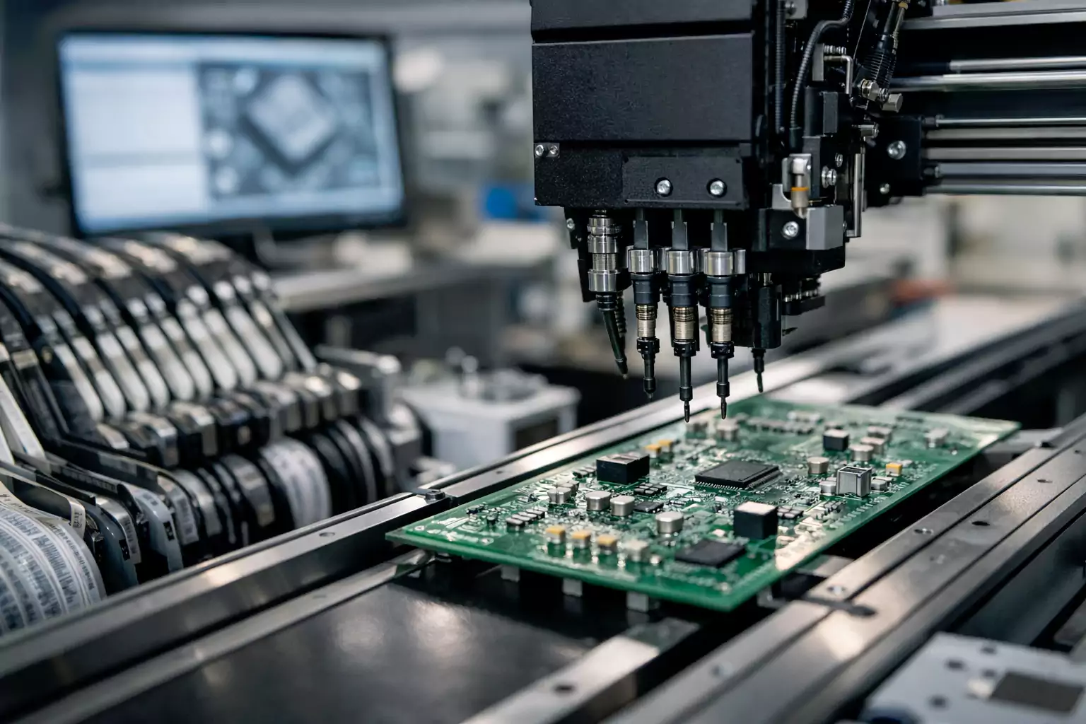 Pick-and-place machine mounting components on a PCB in a real factory line, Full Turnkey PCB Assembly