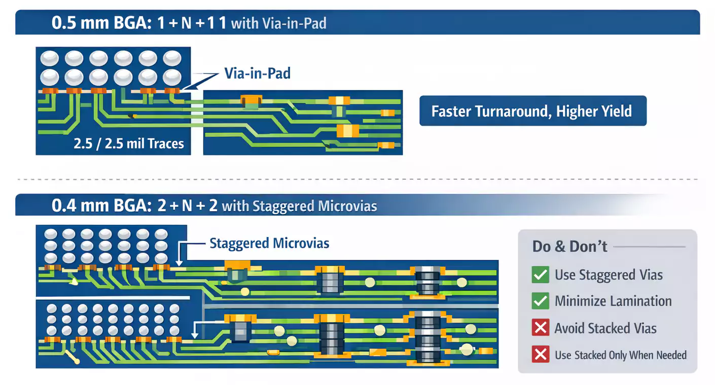 BGA fan-out strategies for HDI: 0.5 mm with 1+N+1 and via-in-pad vs 0.4 mm with 2+N+2 and staggered microvias.