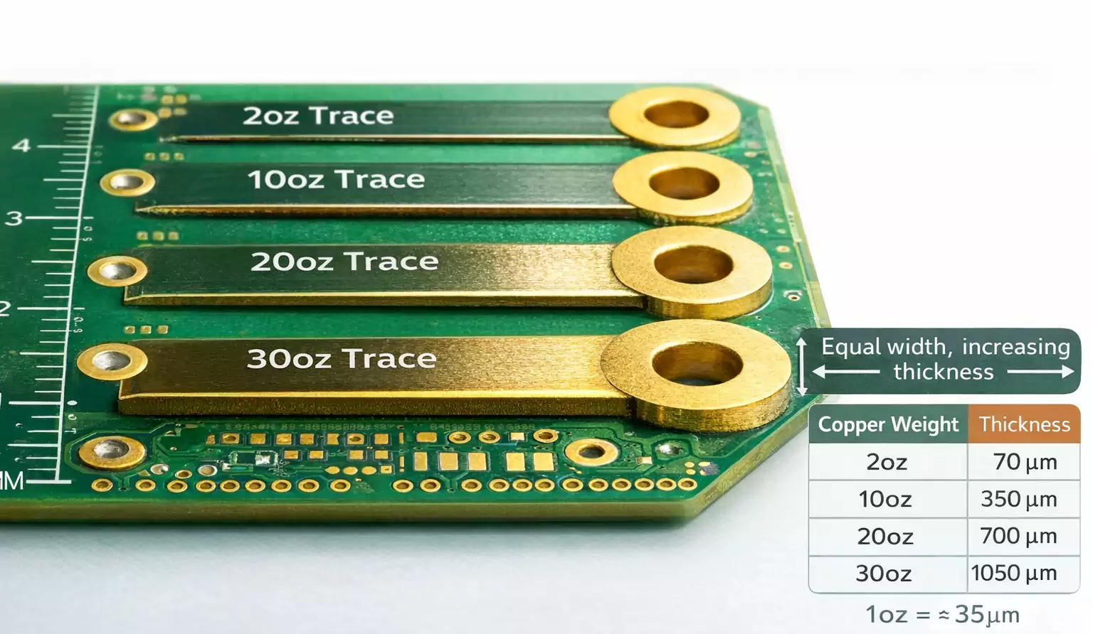 Heavy copper PCB coupon showing equal-width 2oz, 10oz, 20oz, 30oz traces with thickness in μm