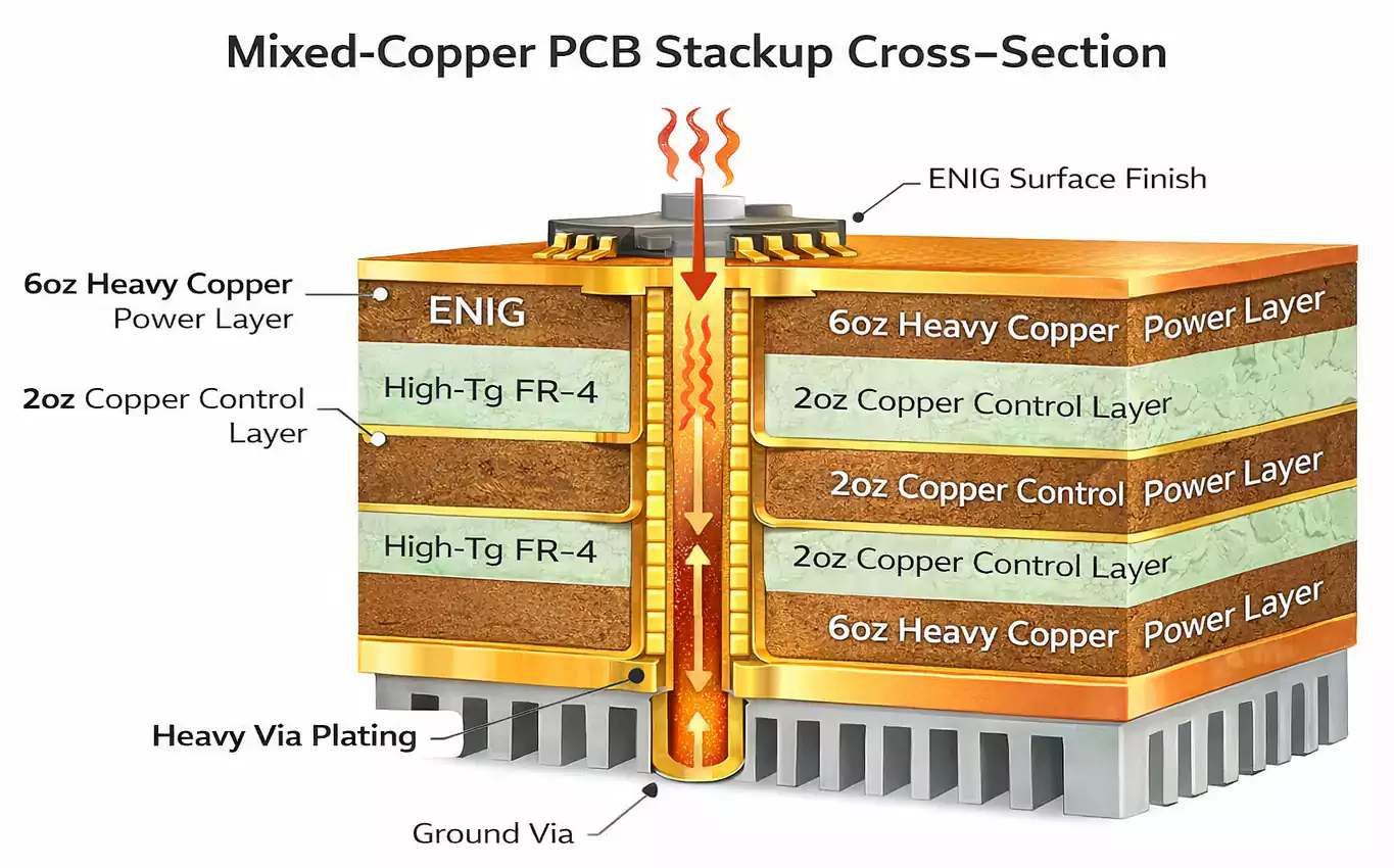 Mixed-copper PCB cross-section with 6oz outer power layers, 2oz inner control layers, heavy via plating, ENIG.
