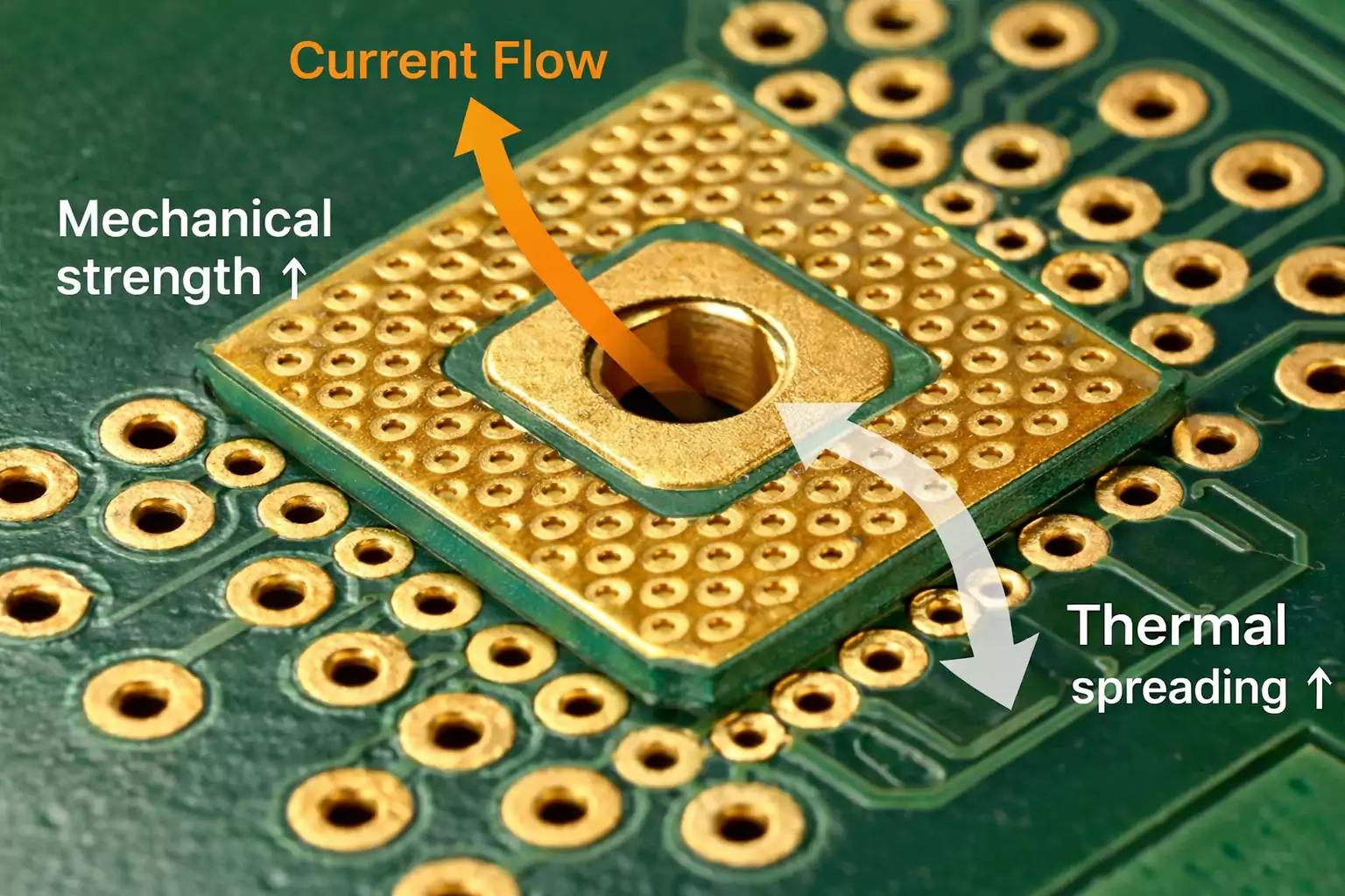 Heavy copper power pad macro with dense thermal-via stitching showing current and heat-spreading paths.