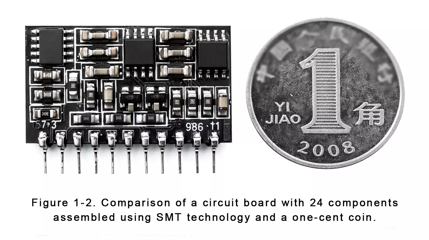 Comparison of a circuit board with 24 components assembled using SMT technology and a one-cent coin.