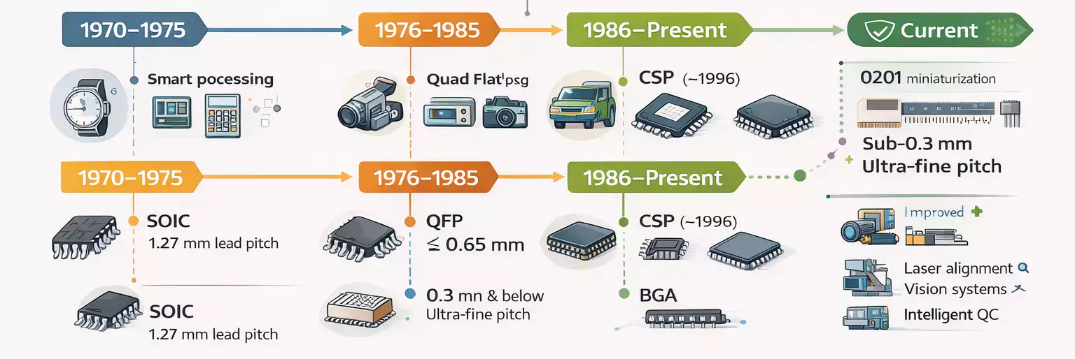 Surface Mounting Technology evolution timeline showing three stages and packaging milestones (SOIC, QFP, CSP, BGA)