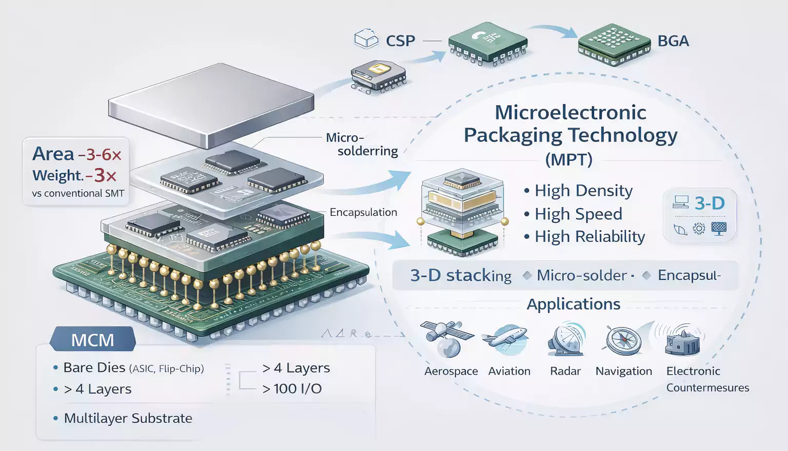 Exploded isometric of MCM/MPT with multilayer substrate, micro-soldering, 3-D stacking, and aerospace-related applications.