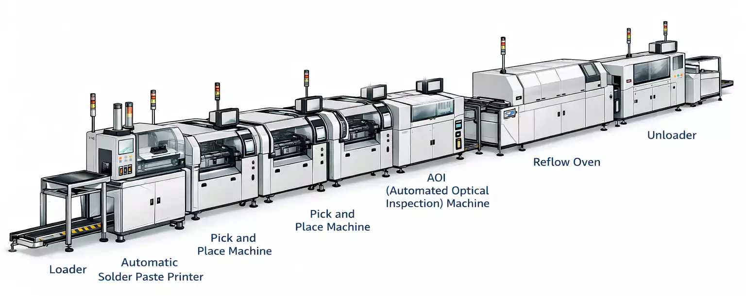 SMT Production System with loader, solder paste printer, pick-and-place, AOI, reflow oven, and unloader