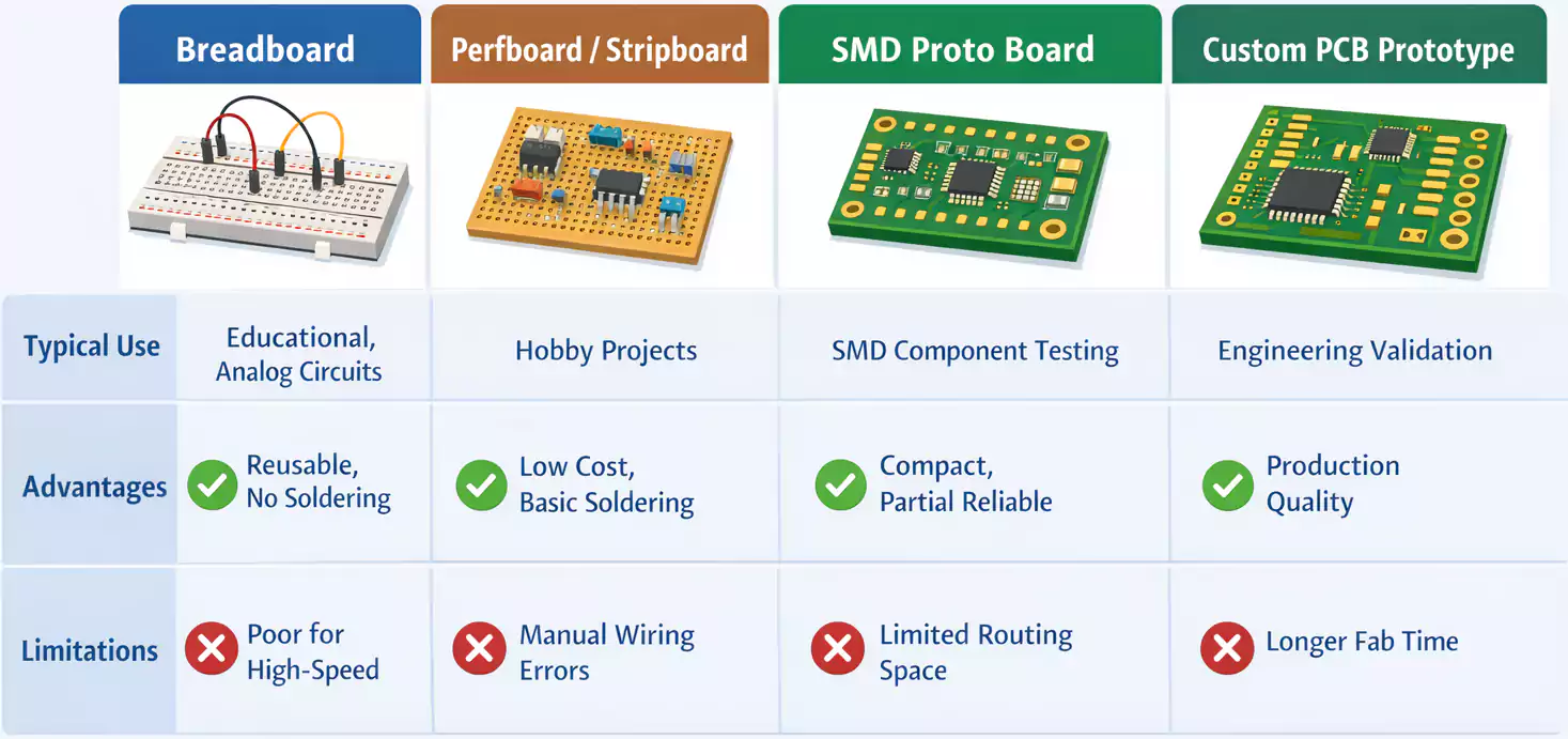 Prototyping boards comparison: breadboard, perfboard, SMD proto, custom PCB
