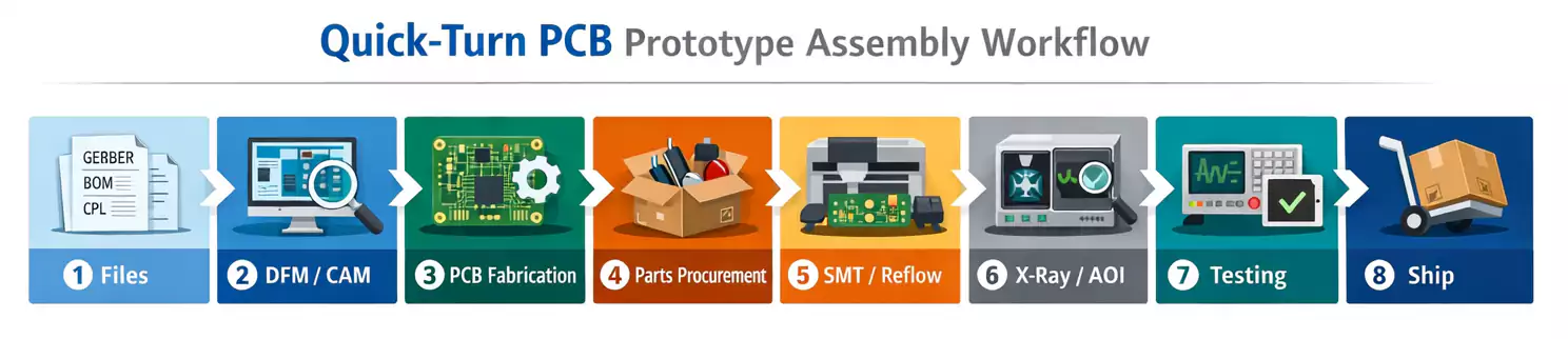 Quick-turn PCB prototype workflow from files and DFM to SMT, testing, and shipping