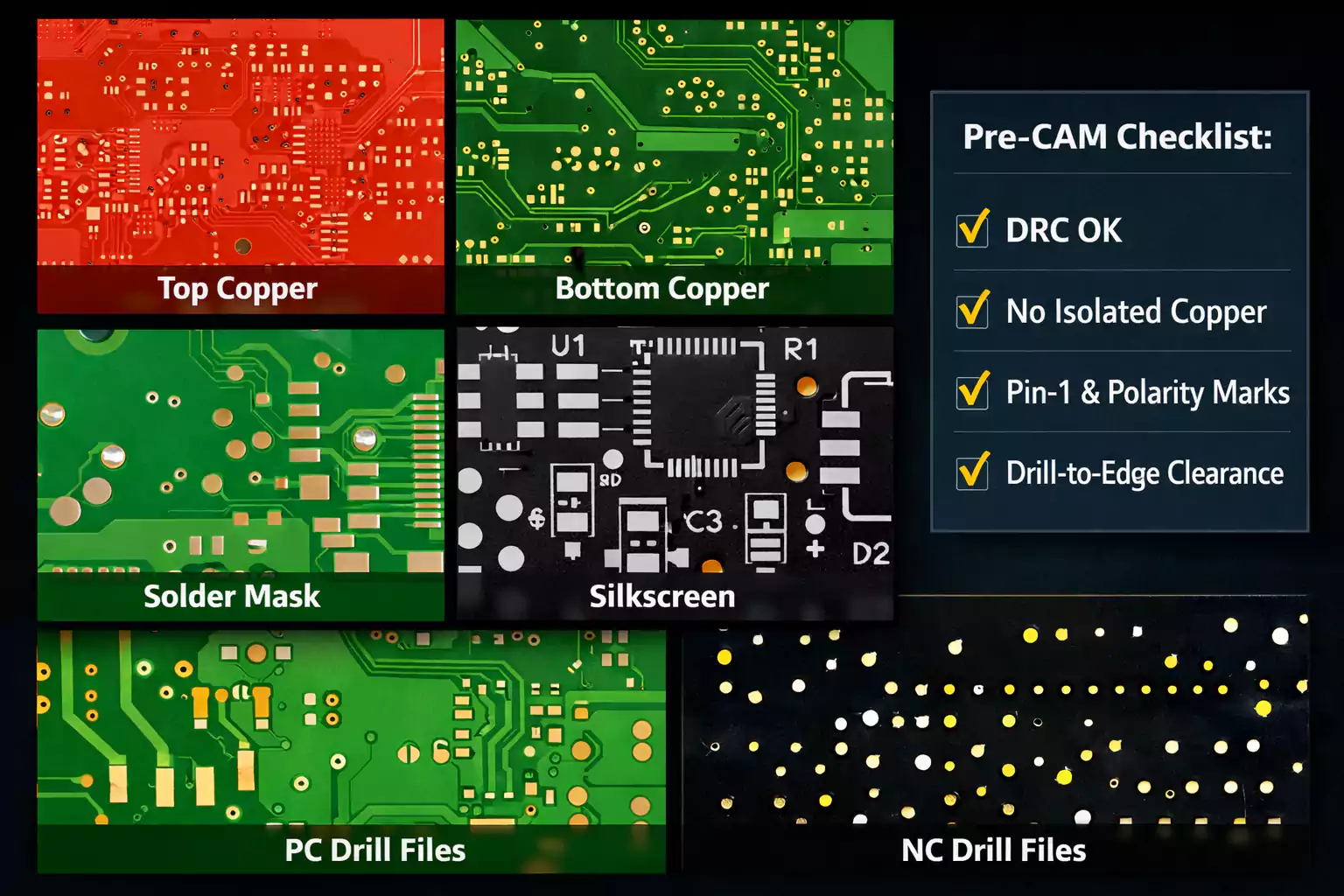 PCB artwork montage of Gerber layers—top/bottom copper, solder mask, silkscreen and NC drill—with pre-CAM checklist
