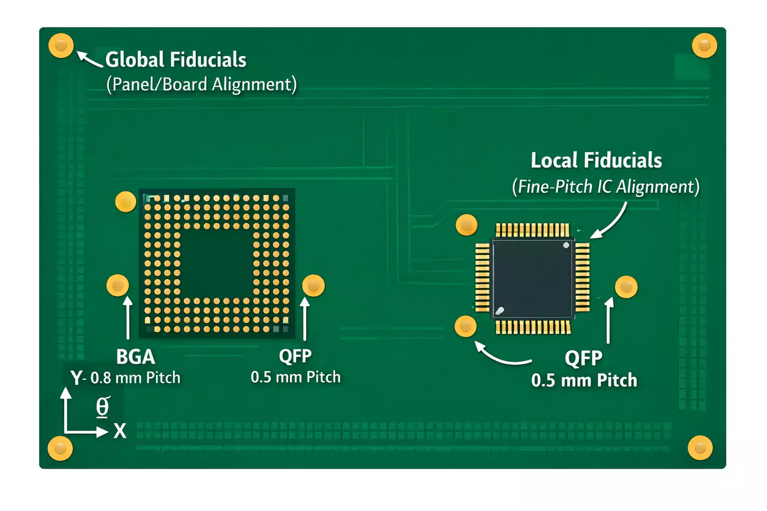 Fiducial PCB layout showing global corner marks and local fiducials near BGA and QFP