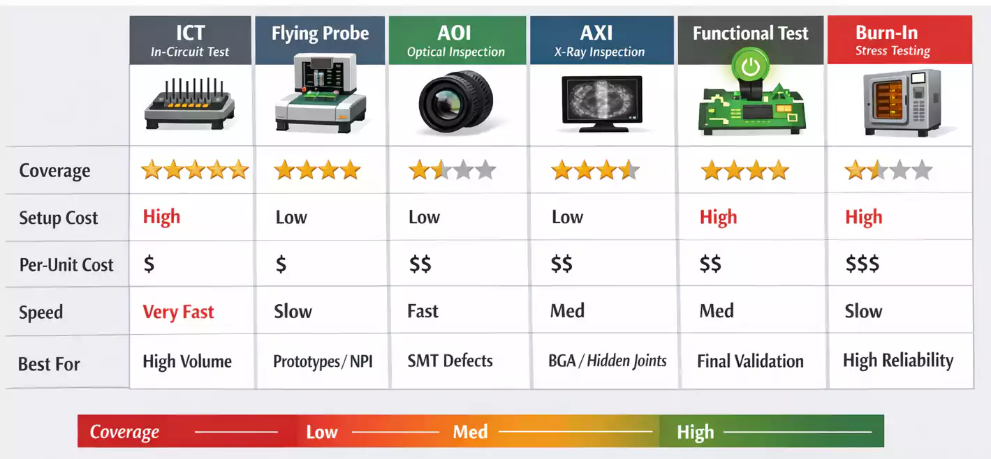 Comparison chart of PCB Board Testing methods: ICT, Flying Probe, AOI, AXI, Functional, Burn-In with coverage, cost and speed