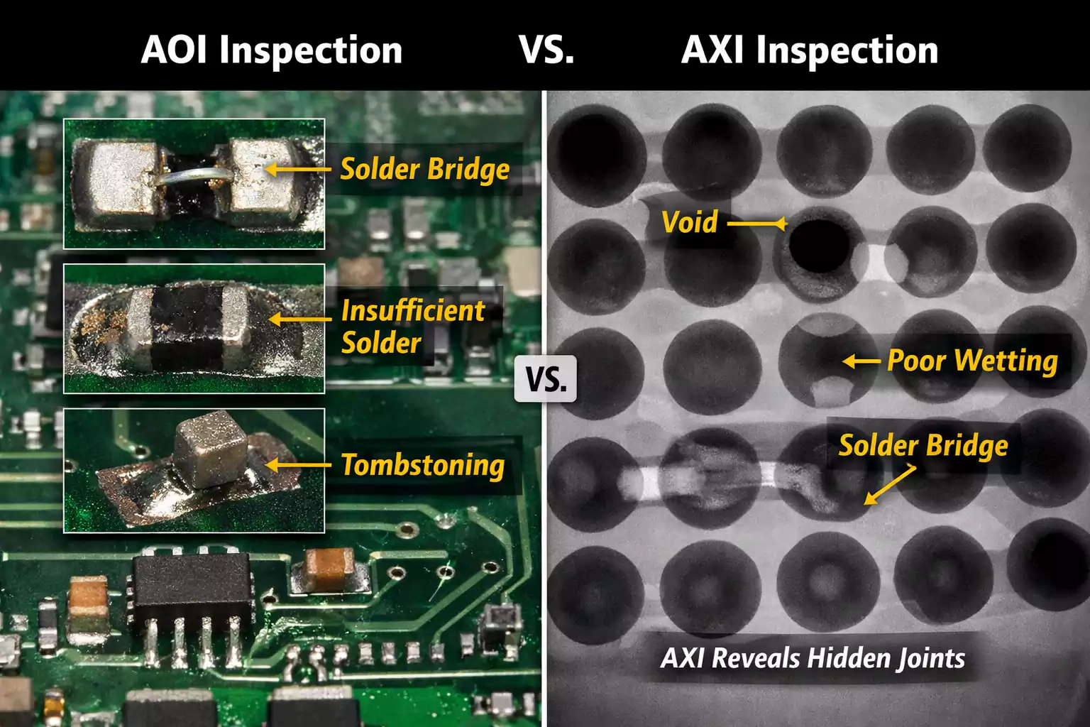 AOI macro photos of solder bridge, insufficient solder, tombstoning vs AXI X-ray of BGA showing voids and bridges
