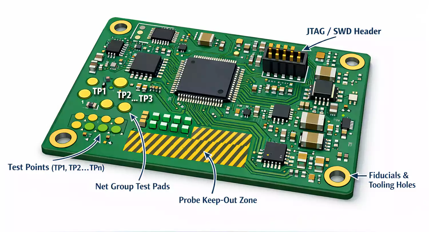 Annotated PCB showing test pads, JTAG/SWD header, probe keep-out zone, and tooling holes for ICT readiness