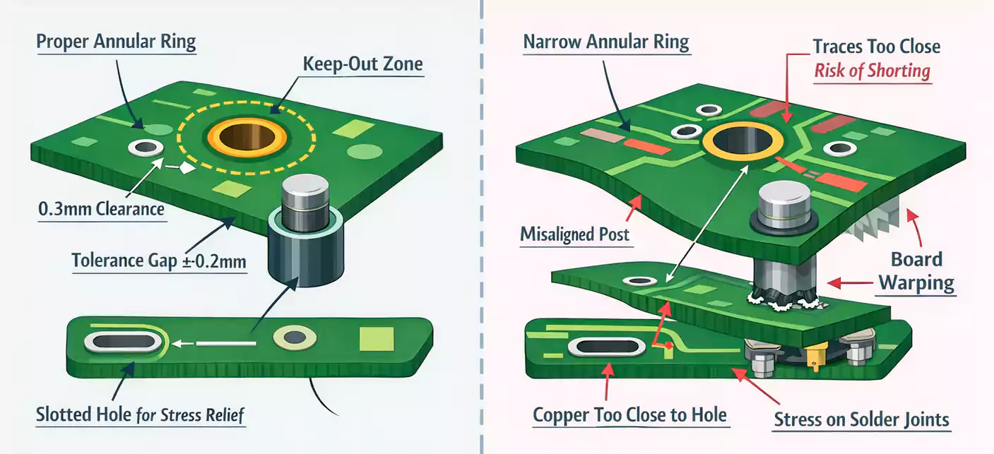 PCB mount hole DFM best practices vs common mistakes: proper annular ring, keep-out, tolerance, and slotted hole