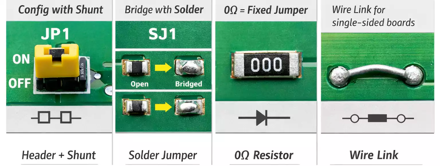 Comparison of PCB jumpers: header shunt, solder jumper open and bridged, 0 ohm resistor, wire link