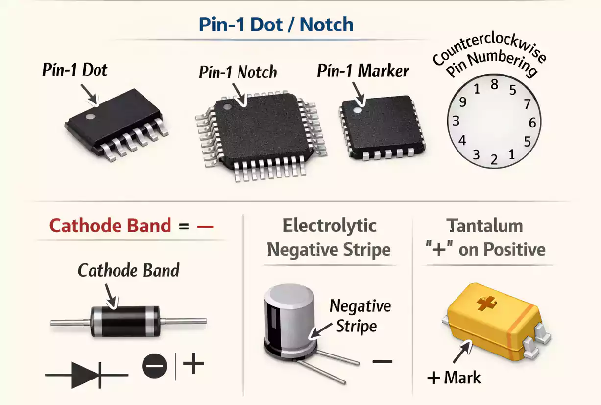 Infographic with IC pin-1 dot and notch, diode cathode band, electrolytic negative stripe, tantalum plus mark