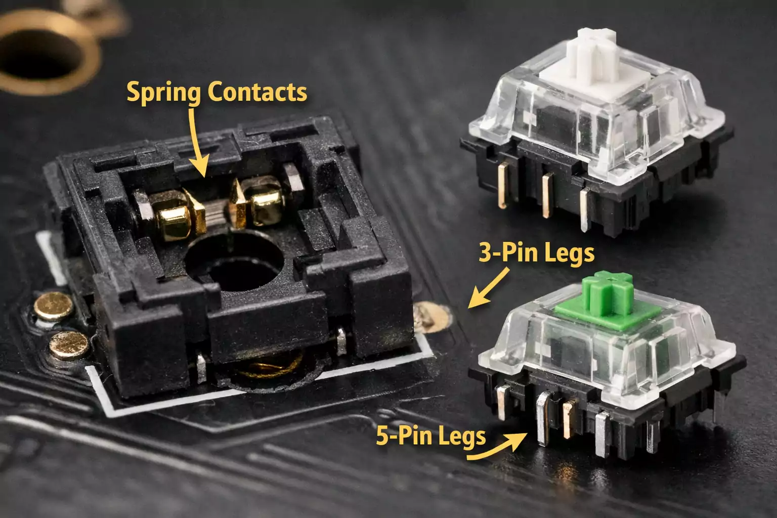 Hot Swappable PCB socket close-up showing spring contacts and 3-pin vs 5-pin switch legs