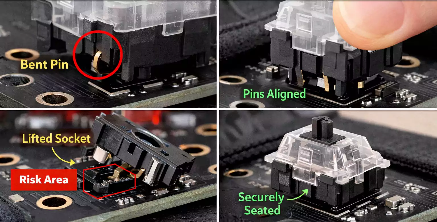 Common failures vs. fixes on a hot-swap PCB: bent pin and lifted socket compared with a properly seated switch