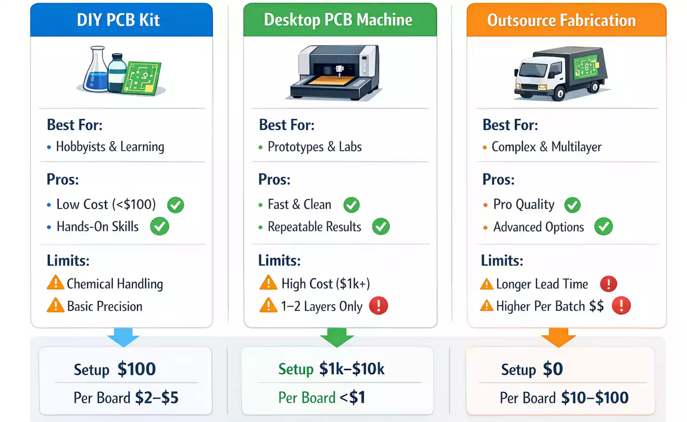 Decision chart comparing DIY PCB kit, desktop PCB machine, and outsourced fabrication