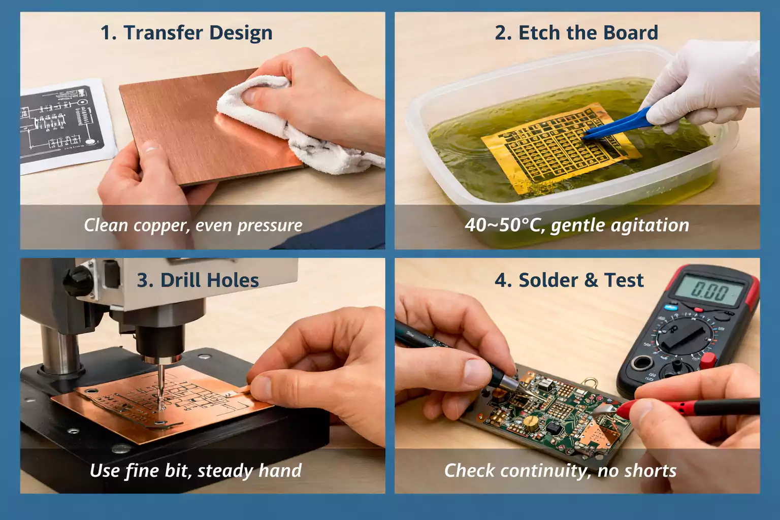 Four-step DIY PCB montage: transfer design, etch board, drill holes, solder and test