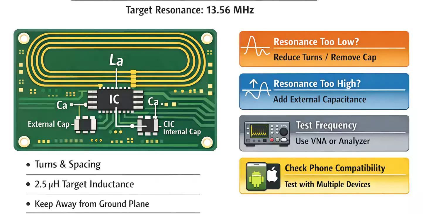 NFC coil layout and resonance tuning for PCB business card (13.56 MHz)
