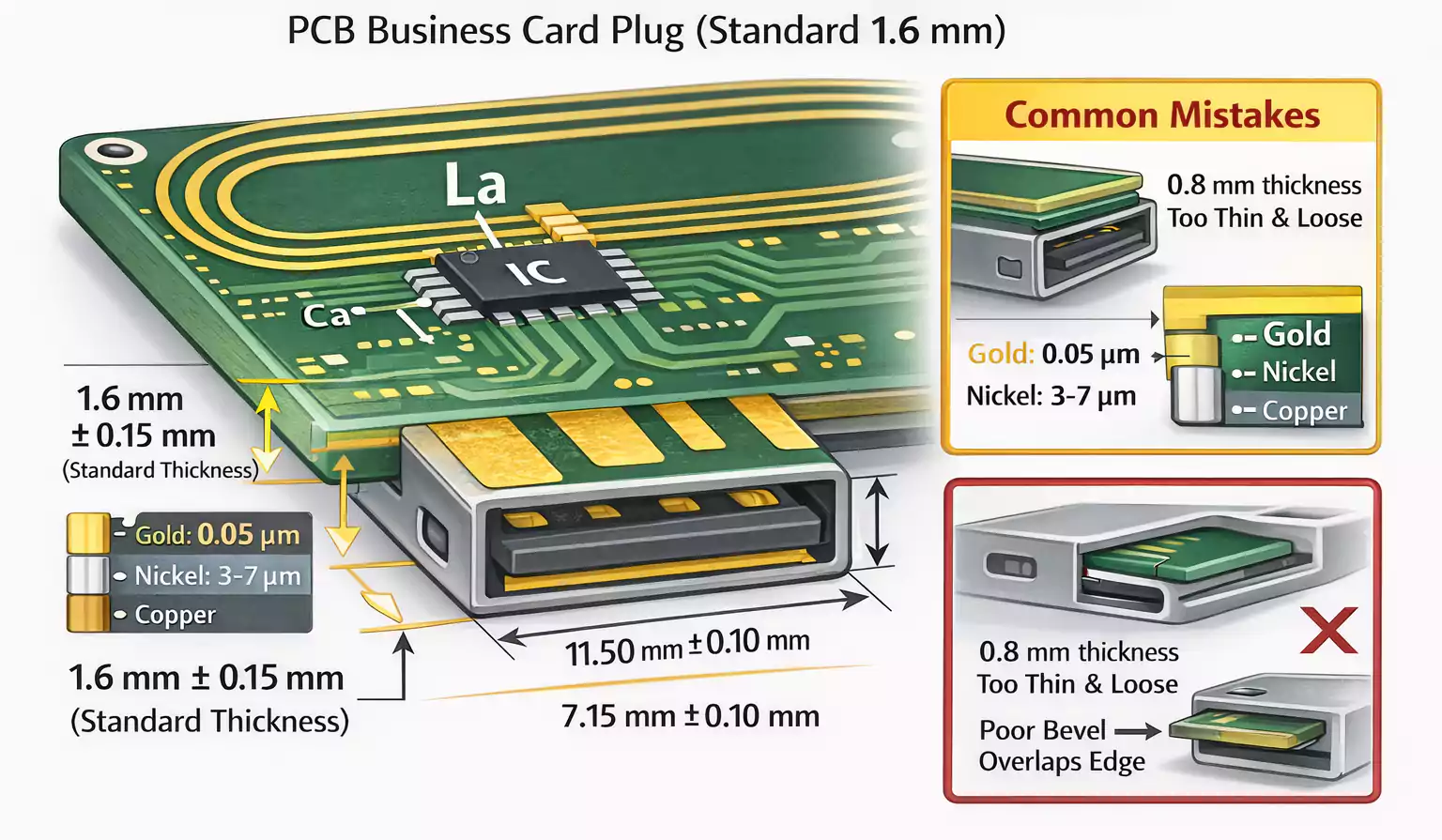 USB-A edge connector fit and tolerance for 1.6 mm PCB business card with ENIG pads and bevel specs