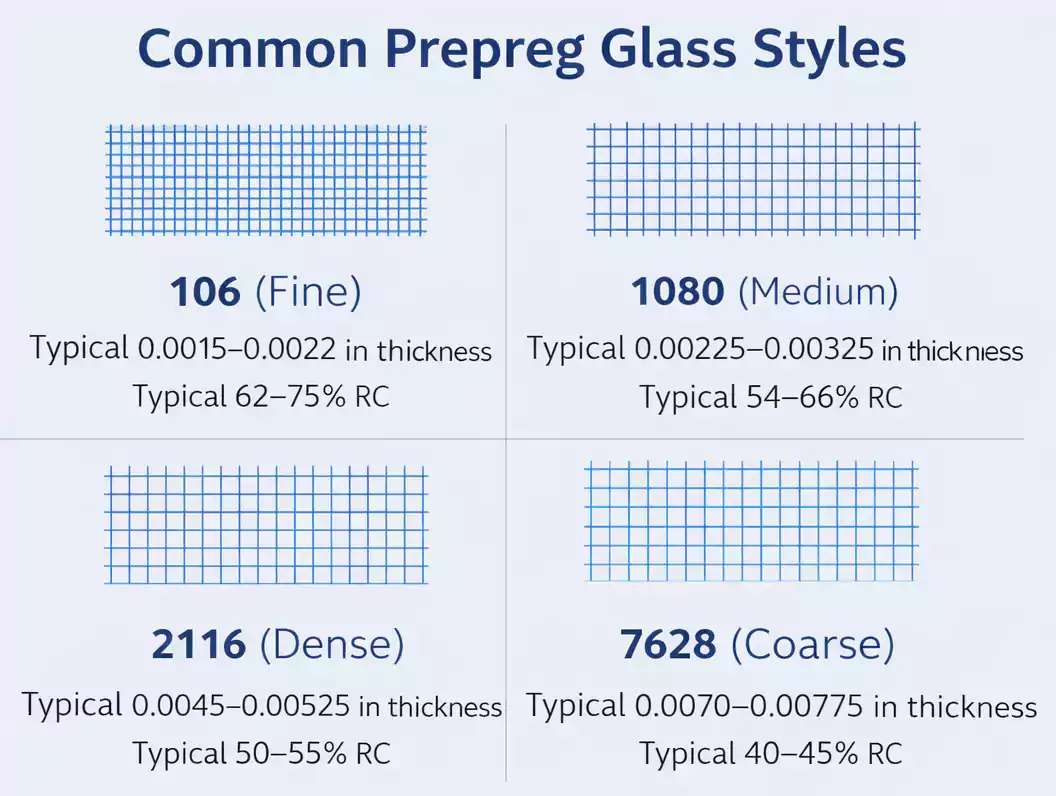 Comparison of 106, 1080, 2116, 7628 prepreg glass styles with typical RC and thickness.