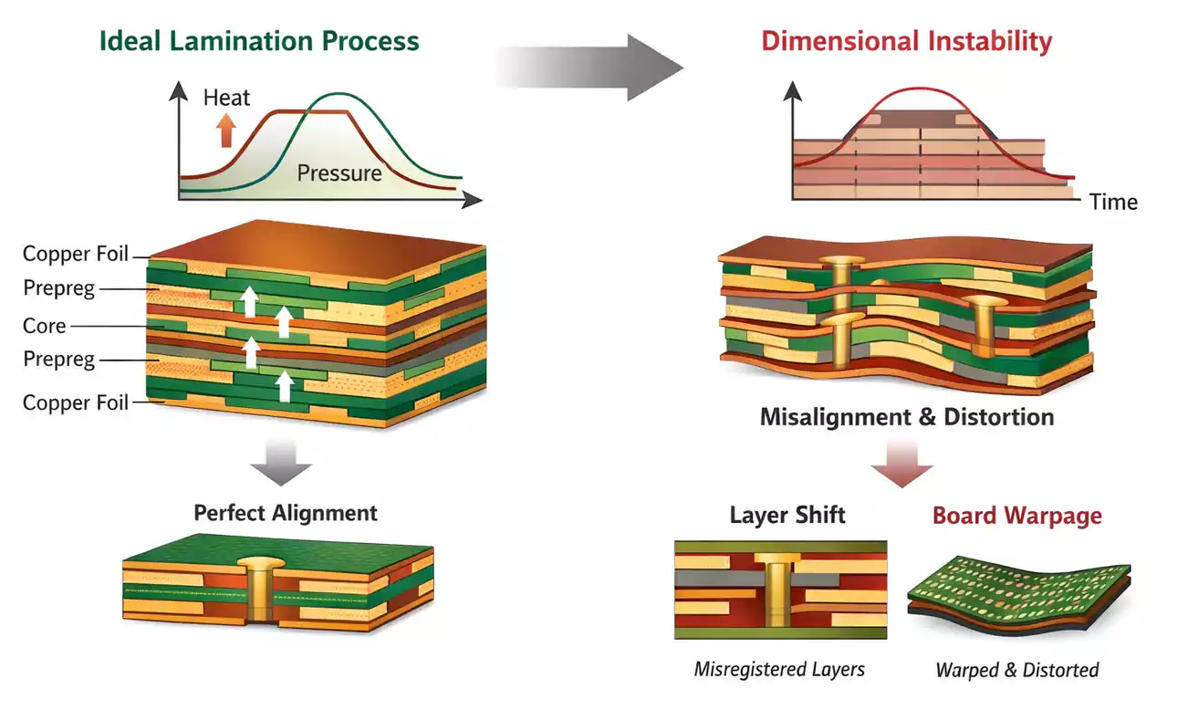 PCB lamination heat/pressure profile with stack-up showing perfect alignment versus distortion and misregistration.