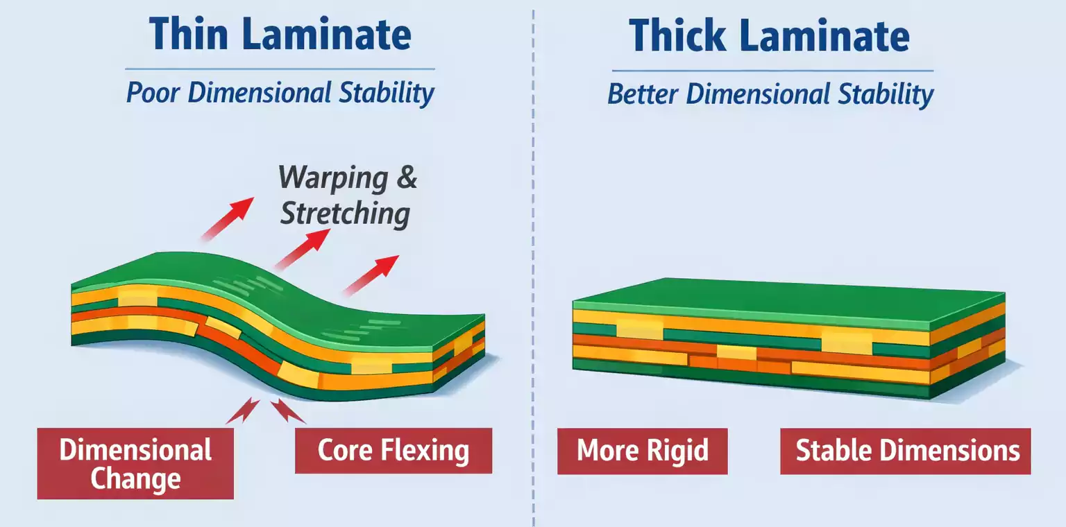 Thin vs thick laminate comparison of dimensional stability—thin core warping/stretching vs thick core stable dimensions.