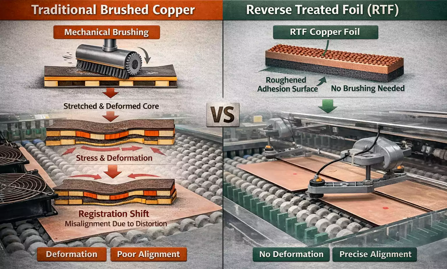 Comparison graphic of brushed copper causing core deformation/misalignment versus RTF with no brushing and precise registration.