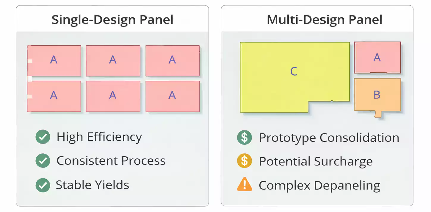 Single-design vs multi-design PCB Panel layouts