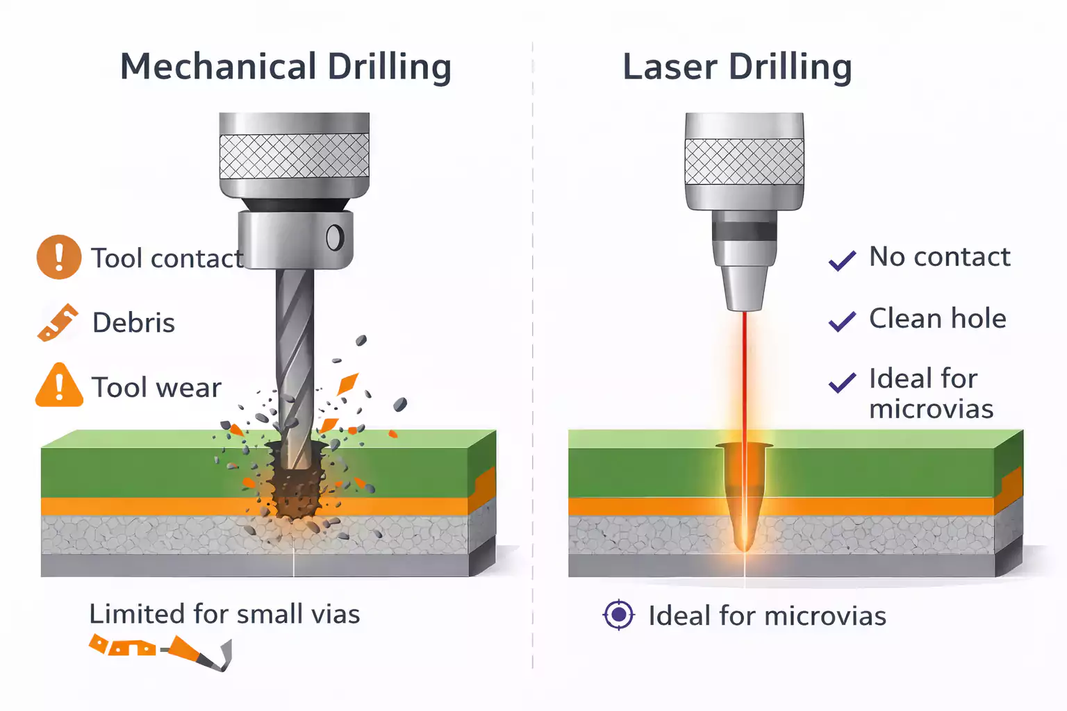 PCB CO₂ Laser Drilling vs mechanical drilling: clean microvia vs debris.