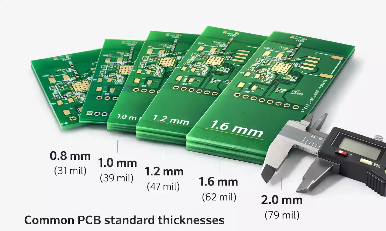 Common PCB standard thicknesses 0.8–2.0 mm with caliper