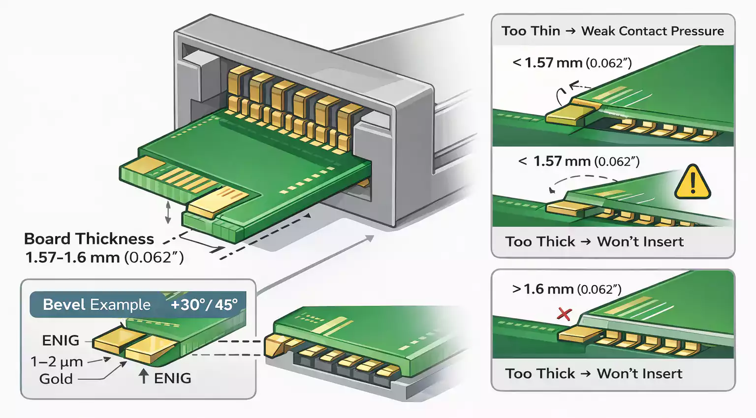 Edge-card connector fit for 1.57–1.6 mm PCB with bevel