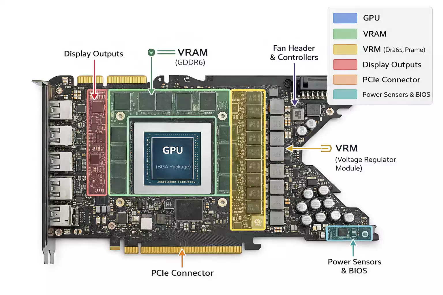 Graphics card PCB anatomy with GPU, VRAM, VRM