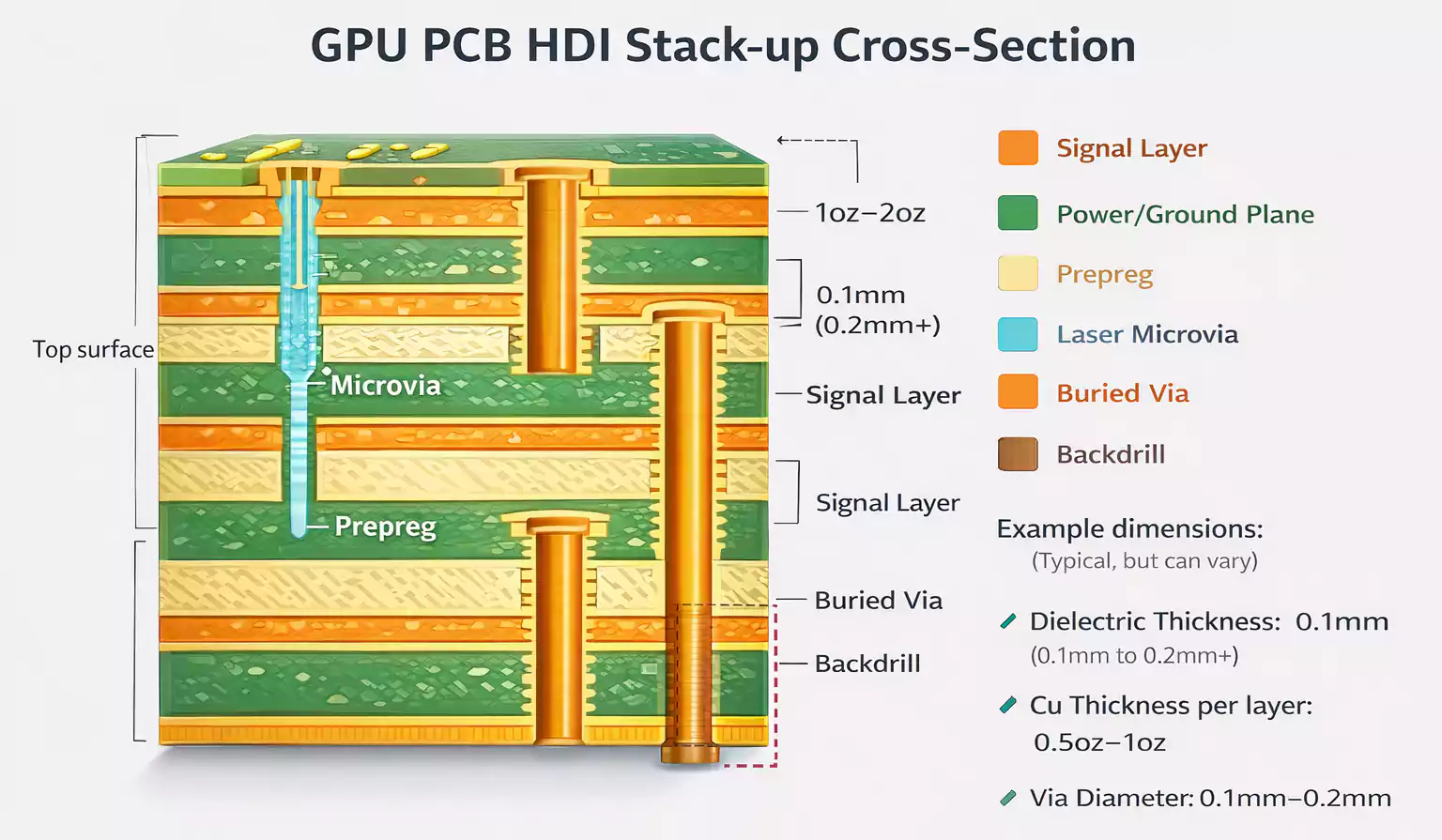 GPU PCB HDI stack-up with microvias and backdrill