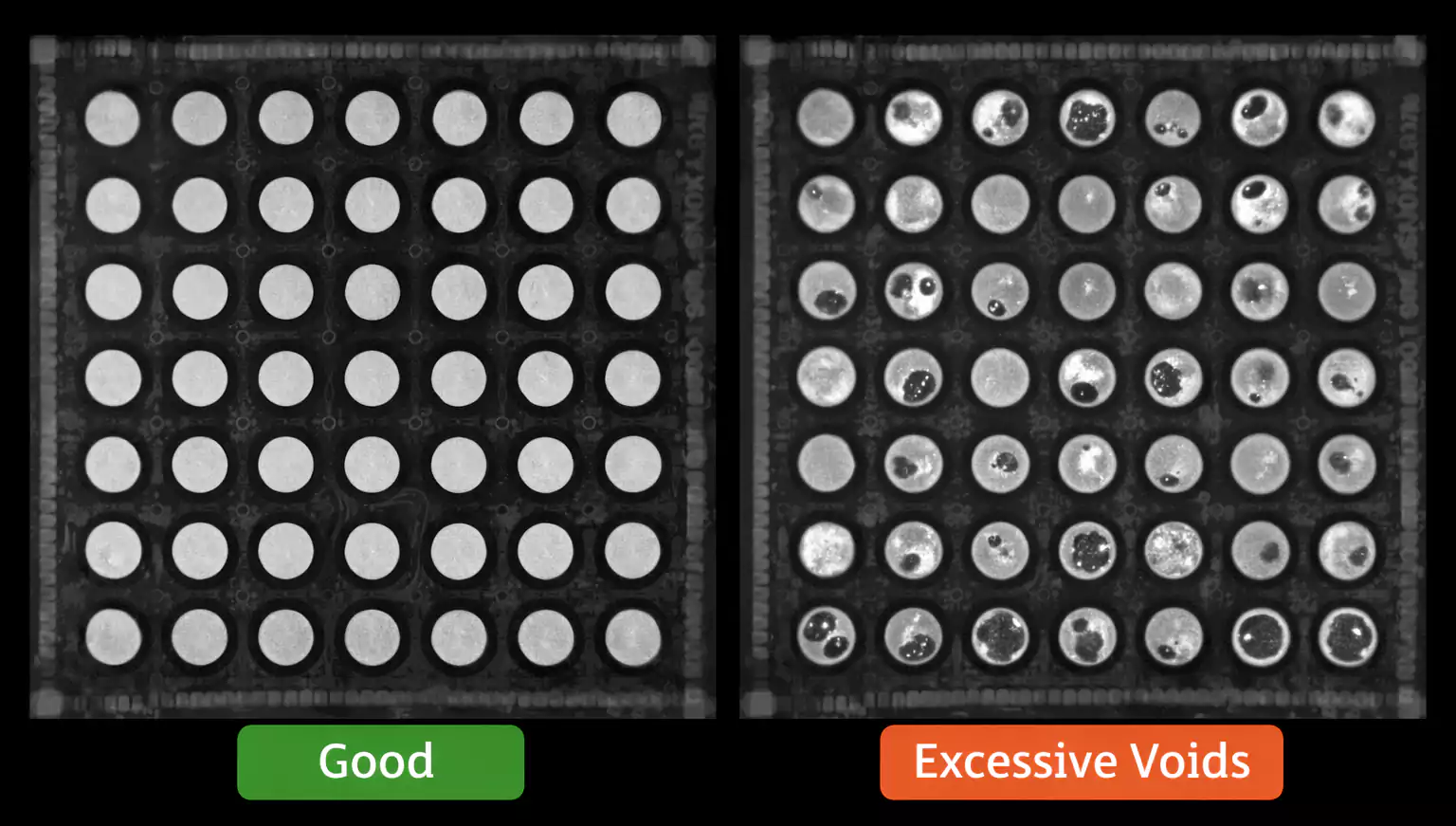 BGA X-ray comparison: good joints vs excessive voids