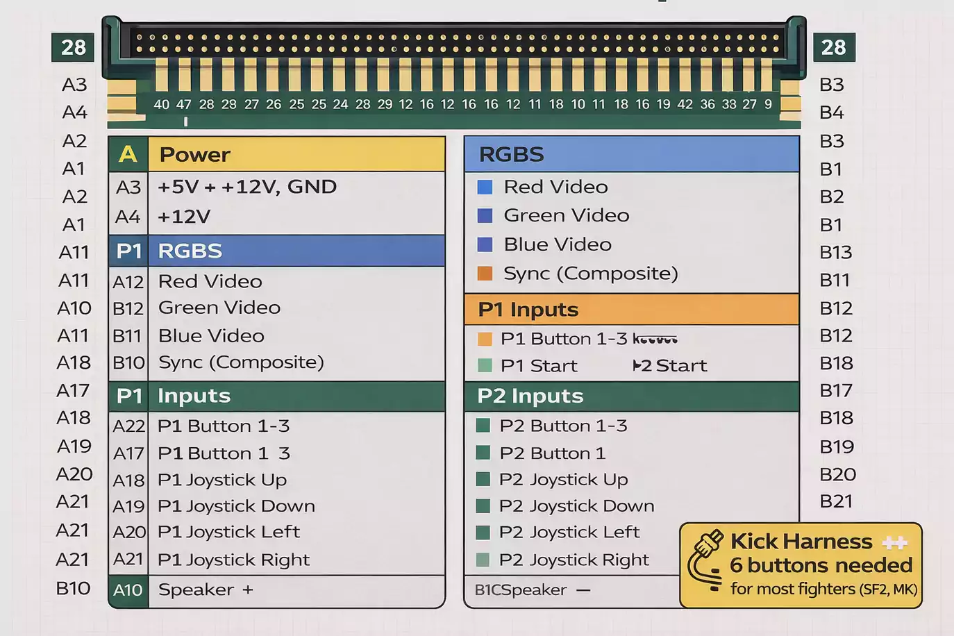 Updated JAMMA 56-pin quick map with color-coded power, video, input, and audio connections