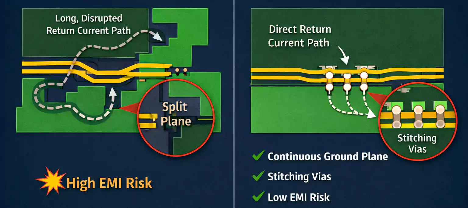 Ground plane: wrong vs right examples with return current paths and stitching vias.