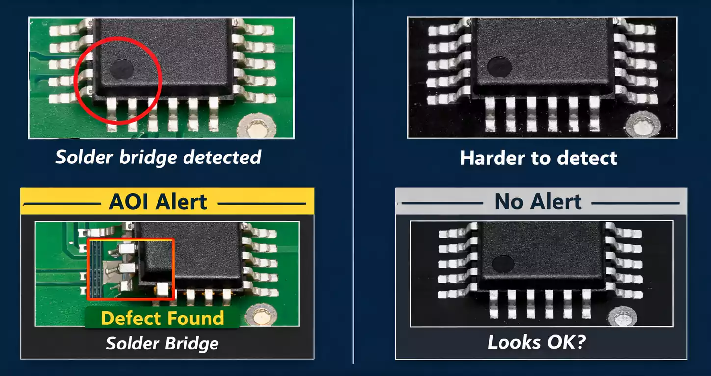 AOI visibility comparison—defects easier on green solder mask, harder on black.