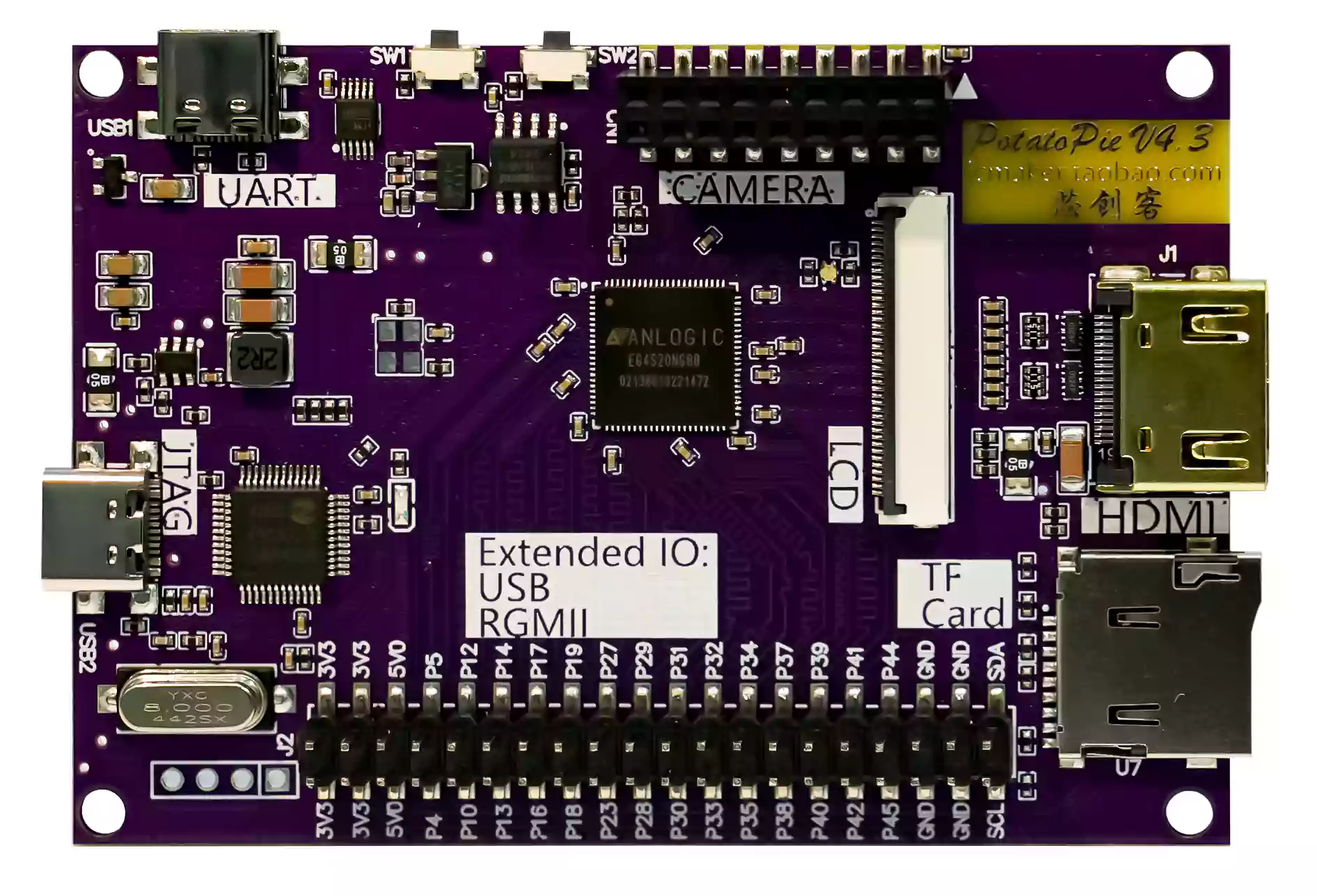 Purple solder-mask dev board with white silkscreen labels