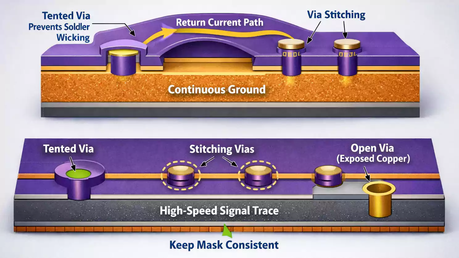 Ground plane with return path, stitching vias, and tented via