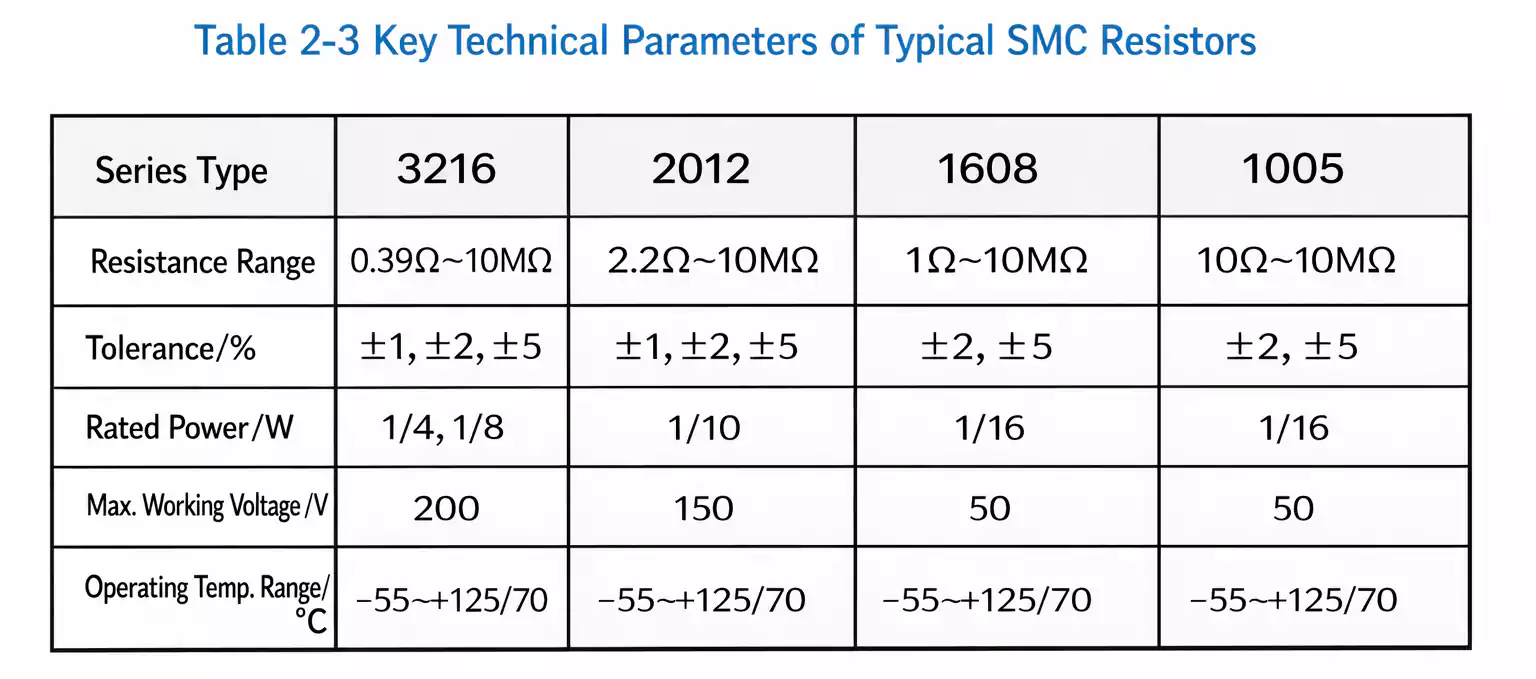 typical SMC chip resistor electrical parameters table