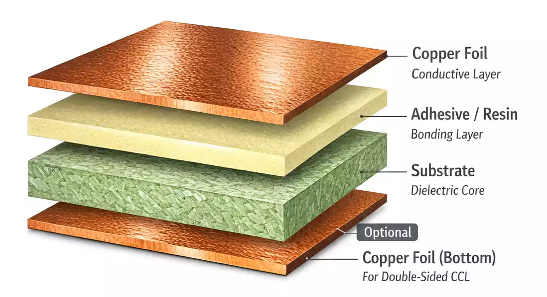 Exploded view of copper clad laminate showing copper foil, adhesive/resin, and dielectric substrate