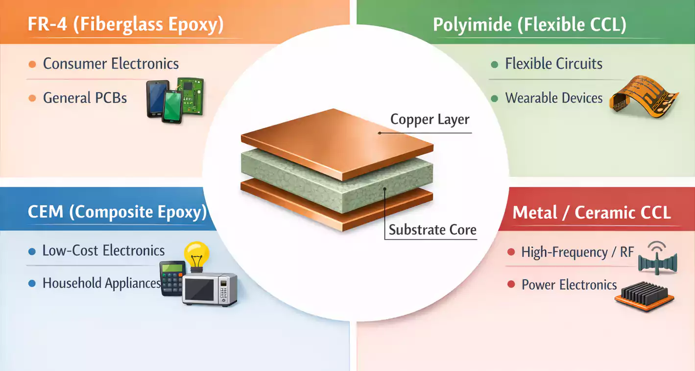 Infographic showing CCL types—FR-4, CEM, polyimide flexible, and metal/ceramic—with common applications