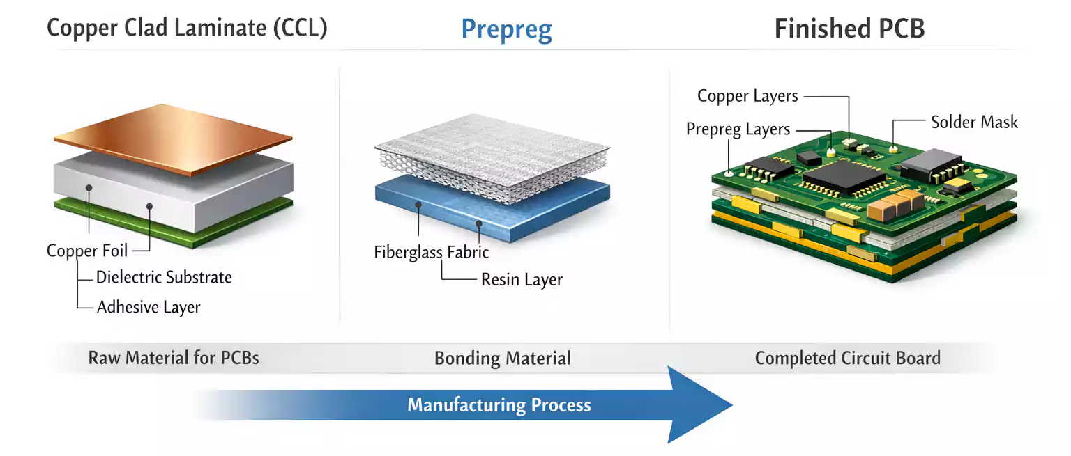 Diagram comparing CCL as raw laminate, prepreg as bonding layers, and a finished multilayer PCB